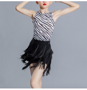Black with zebra white fringe latin dance dresses for girls kids children latin salsa dance skirts ballroom dancing outfits for children