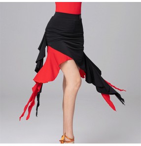 Blak red fringe latin Dance skirts for women girls irregular salsa chacha dancing skirt Female adult bag hip tassels skirt