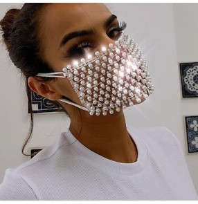  Bling hollow beads rhinestones fashion jewelry face masks for women stage performance night club party photos shooting mouth mask for female 