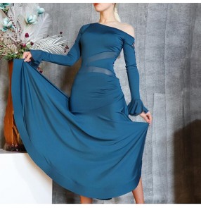 Blue ballroom dance dress women Oblique shoulder long sleeves Modern dance skirts waltz tango dance dresses Large swing fish bone practice skirt