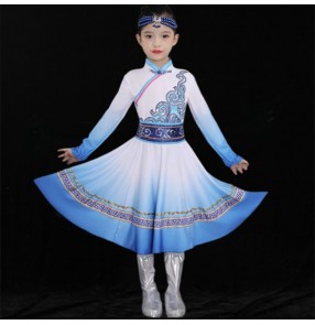Blue Children Girls Chinese Mongolian dance dresses for girls China Mongolian ethnic dance suit for kids