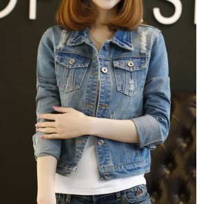 Blue Denim jacket for women's long-sleeved Korean jacket short slim fit ripped all-match coat  plus size