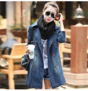 Blue Denim lapel collar middle long length jacket women women's Korean style long-sleeved mid-length denim trench coat