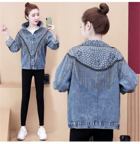 Blue denim Loose short jacket for women girls rivet beaded and diamond tassel coats short denim jacket women