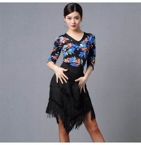 Blue floral printed tassels latin dance dresses for women female salsa rumba chacha dance dresses 