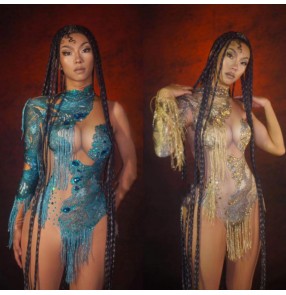 Blue gold Flesh diamond singers jazz dance tassel bling bodysuits for women girls tight fake nude Siamese exotic folk singer gogo dancers catsuits