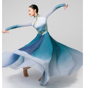 Blue gradient Mongolian dance performance dresses for women girls Mongolian dance skirt art test large swing Mongolian robe dance clothes for female