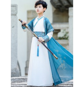 Blue hanfu for boy kids anime film warrior swordsman prince cosplay robe stage performance kimono dress for children boys