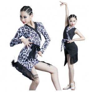 Blue leopard black latin dance dresses for girls kids latin dance skirts stage performance latin dance clothing for children