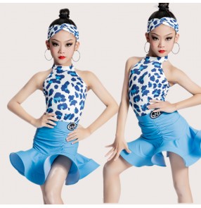Blue leopard printed latin dance dresses for girls kids salsa rumba latin ballroom dancing costumes Cha cha dance skirts for children