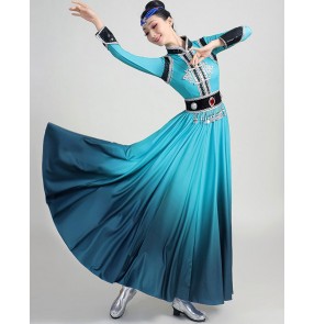 Blue Mongolian dance dress for women adult Mongolian dance performance costume grassland dance robe Female minority modern dance Mongolia clothing