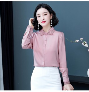 Blue pink satin office lady shirt women long-sleeved stain blouses fashion loose embroidered blouse dress shirt