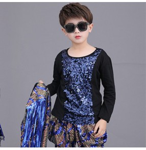 Blue sequined with black patchwork jazz dance t shirts for boy kids hiphop street dance long sleeves tops drummer piano stage performance shirts for children