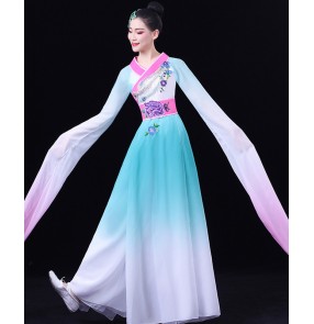 Blue with pink gradient chinese folk dance costumes hanfu for women female water sleeves fairy princess fan umbrella dance dress