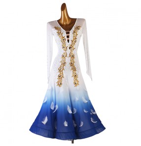 Blue with white gradient Diamond competition ballroom dance dresses Professional modern dance waltz tango foxtort smooth performance competition feather dress
