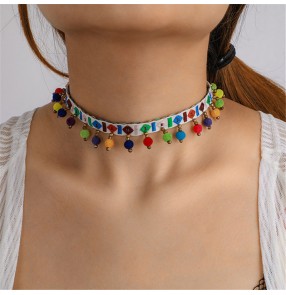 Bohemian ethnic embroidery necklace for women colorful candy-colored necklace small ball pendant necklace clavicle chain