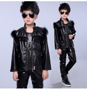 Boy black fur leather jazz dance costumes street modern dance hiphop drummer singers host model stage performance outfits jacket vest and pants