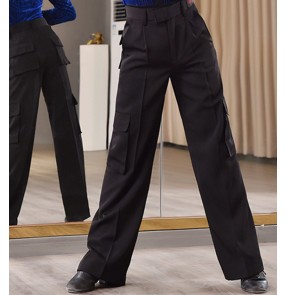 Boy black latin dance pants stage performance salsa rumba pockets ballroom dancing trousers 