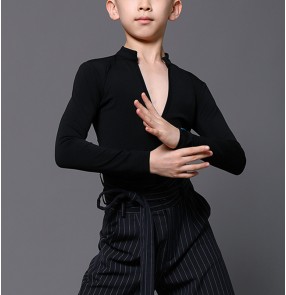 Boy Black Latin Dance Shirts Kids v neck Ballroom Waltz Tango Dance Long sleeves tops stage performance latin dance wear modern dance outfit for children