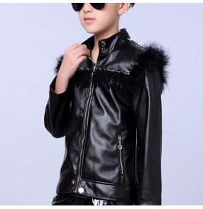 Boy black leather jazz dance jackets modern dance hiphop street drummer show stage performance coats