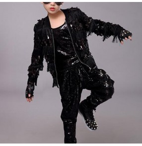 Boy black sequins bling jazz hiphop street dance costumes rap dummer singer host stage performance coats and pants