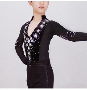 Boy black velvet diamond competition latin dance body shirts stage performance ballroom dance body tops 