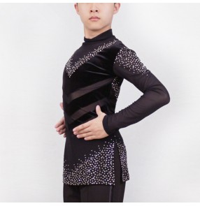 Boy black velvet diamond competition long sleeves latin dance shirts ballroom dancing shirts tops 