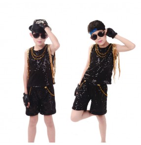 Boy black with gold sequin fringes jazz dance costumes street hiphop drummer school competition model show stage performance costumes