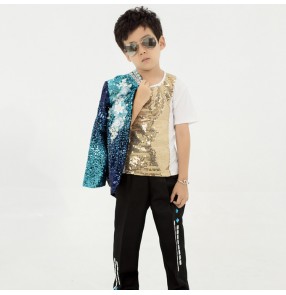 Boy children green sequin jazz hiphop street dance model show costumes singer host show drummer school competition stage performance costumes