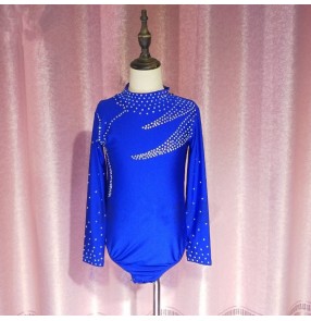 Boy children royal blue competition bling ballroom latin dance body shirts stage performance modern dance rumba chacha dance tops 