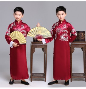 Boy chinese folk dance costumes kids ancient traditional qipao dress stage performance drama cosplay crosstalk dresses