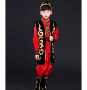 Boy chinese folk dance costumes kids children xinjiang minority Uygur dance clothing costumes