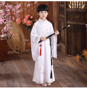 Boy Chinese tang han qing ming dynasty white red Hanfu children photos shooting Ancient warrior swordsman prince performance cosplay Costume tang suit crosstalk long gown for kids