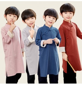 Boy cotton and linen crosstalk Gown costume allegro Recitation performance Tang suit Chinese kungfu wushu performance robe May 4th Republic of China children's gown