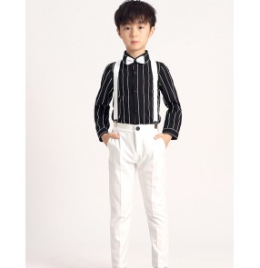 Boy England style striped host chorus stage porfmance costume suit  flowers Boys show overalls Child flower kids dress chorus little host black