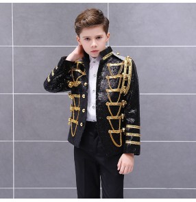 Boy European palace styles Red silver sequin jazz singers dance blazers coats kids march military movies gogo dancers stage performance coats 