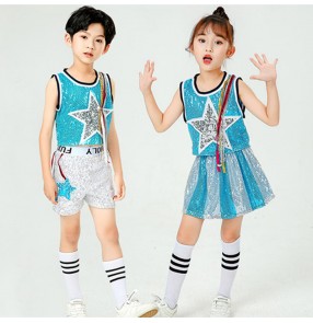 Boy girls kids blue sequined jazz dance costumes Modern Dance outfits rapper hiphop school cheerleading performance outfits for children