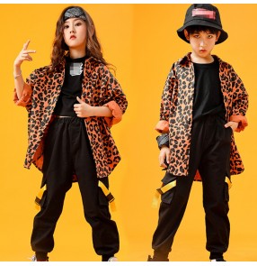 Boy girls leopard jazz dance costumes kids hiphop street gogo dancers rap dance host singer model show performance coat and pants