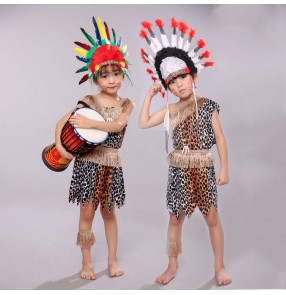 Boy girls leopard Primitive tribe savages wilde man Native African Cosplay dresses for Toddler Djembe Latin American hula Performance tribal hunter dresses for kids