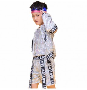 Boy girls orange green blue silver sequined Jazz dance costume children gogo dancers rap hip-hop street dance outfits catwalk kindergarten modern dance wear