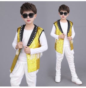 boy gold sequin hip hop jazz dance costumes Drum set costume kids model catwalk go go dancers clothing host sequin suit