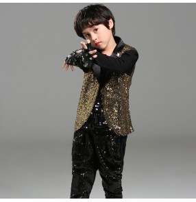 Boy gold sequin hiphop jazz dance costumes modern dance singers gogo dancers drummer stage performance outfits tops vest and pants