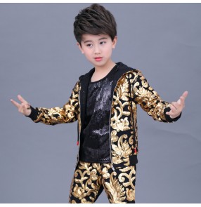 Boy gold sequin jazz dance costumes drummer show performance modern street hiphop dance jacket vest and shorts