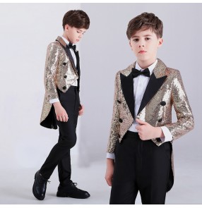 Boy gold sequin jazz dance costumes kids modern dance host drummer singers model show performane tuxedo coats and pants