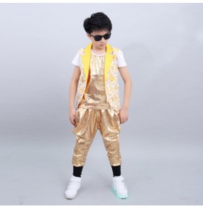 Boy gold sequin jazz dance costumes modern dance street hiphop rap host singers gogo dancer outfits model show performing costumes