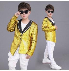 Boy gold sequined Drum set jazz dance costume Boy stage model catwalk fashion clothes piano host singers gogo dancers sequin suit
