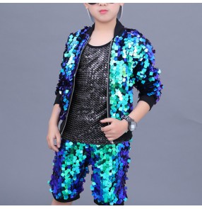 Boy green sequin jazz stage performance street hiphop dance costumes kids children modern dance drummer model dance tops and shorts