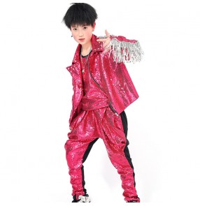 Boy hot pink sequin jazz dance outfits kids singers street hiphop dance gogo dancers rap dance costumes drummer host model performance costumes