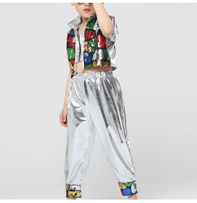 Boy jazz dance costumes kids children modern dance silver sequin modern hip hop robot dance drummer stage performance outfits 