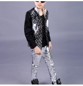 Boy jazz dance costumes kids children rivet stage performance professional drummer model show host singers jacket and pants